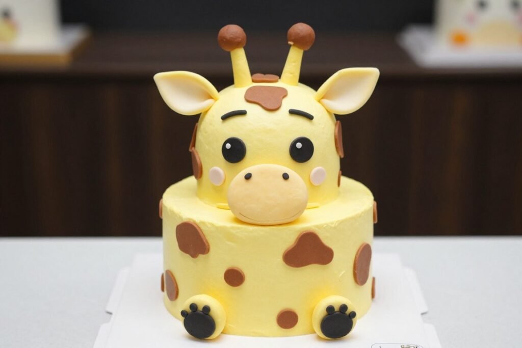 Giraffe themed cake with spotted pattern and cute face Giraffe themed cake with spotted pattern and cute face