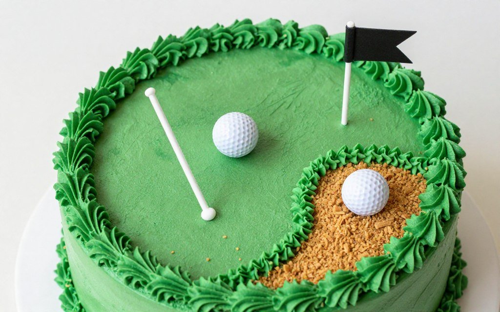 Golf-themed birthday cake with green frosting and flag decorations