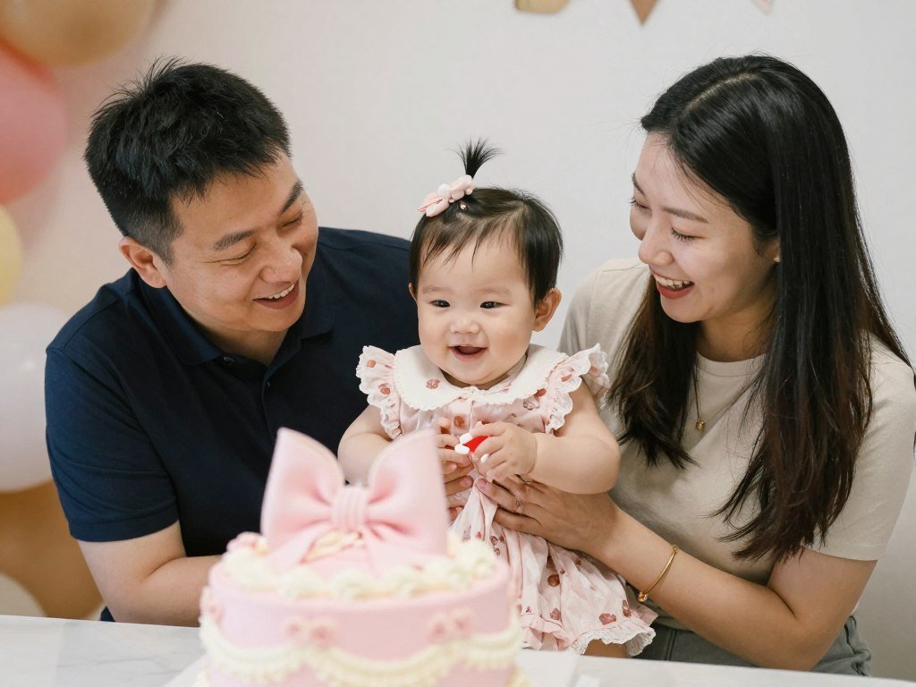Happy family celebrating baby girl first birthday with beautiful cake Happy family celebrating baby girl first birthday with beautiful cake