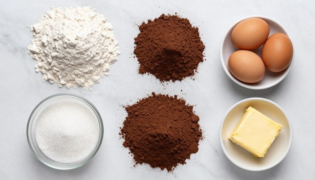 Ingredients for chocolate layer cake arranged on counter