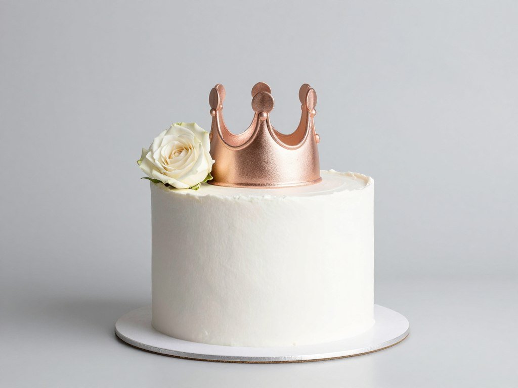 Minimalist white cake with rose gold crown for modern princess party Minimalist white cake with rose gold crown for modern princess party
