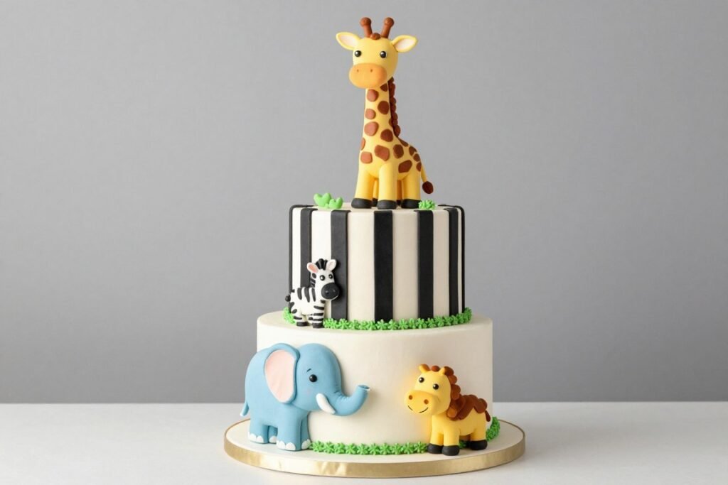 Multi-tier safari animal birthday cake Multi-tier safari animal birthday cake