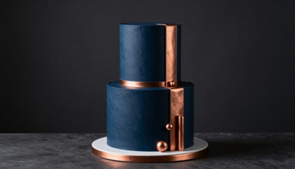 Navy blue birthday cake for men with copper accents