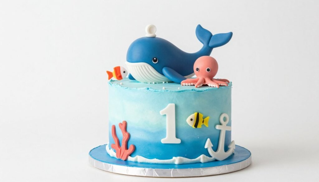 Ocean themed first birthday cake with sea creatures Ocean themed first birthday cake with sea creatures