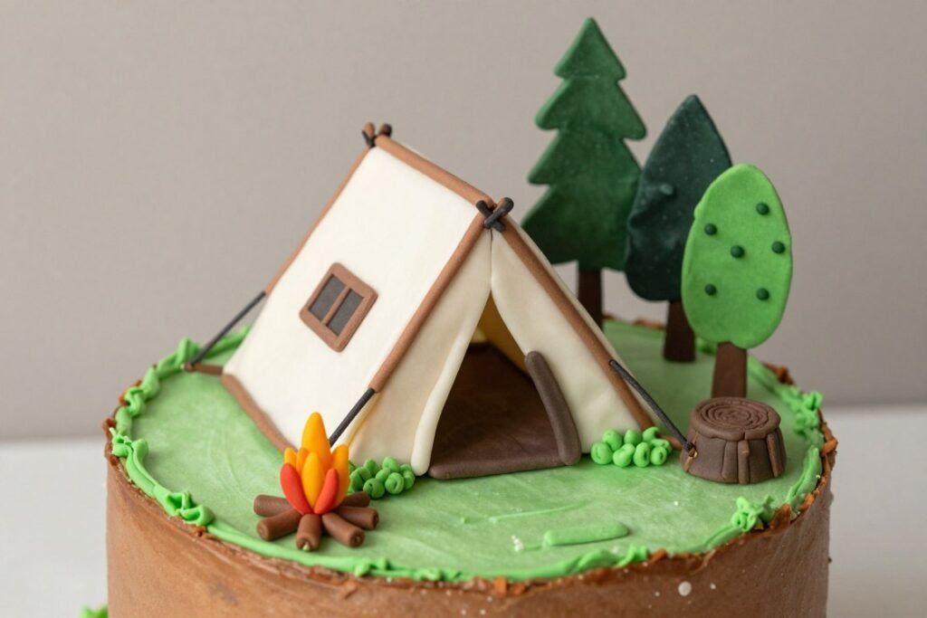 Outdoor adventure cake with camping theme elements