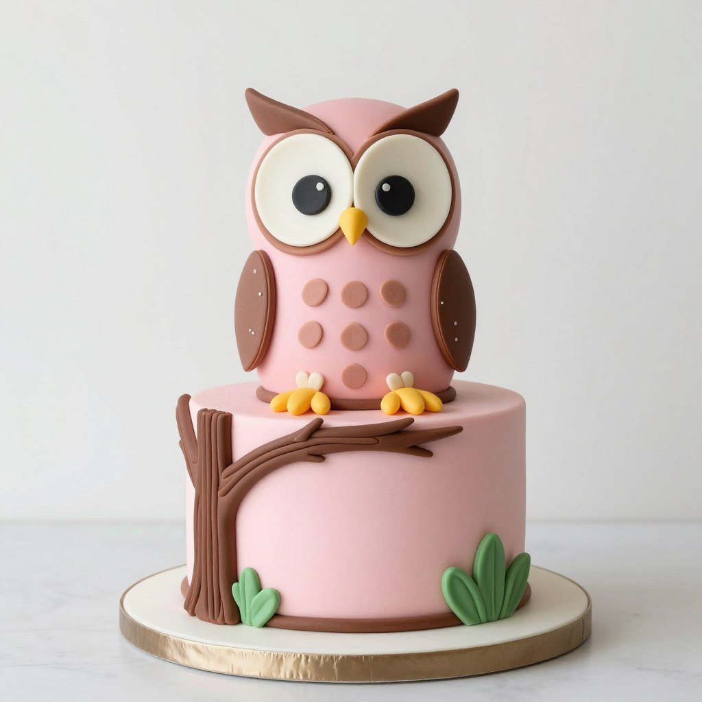 Owl cake with pink and brown woodland design Owl cake with pink and brown woodland design
