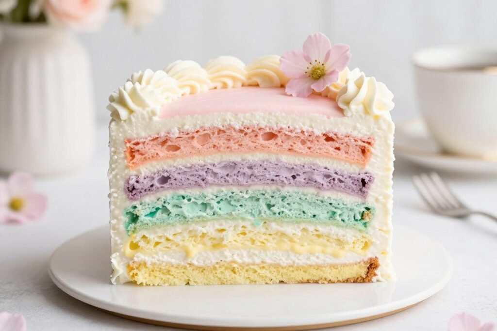 Pastel rainbow cake with soft colored layers for baby girl Pastel rainbow cake with soft colored layers for baby girl