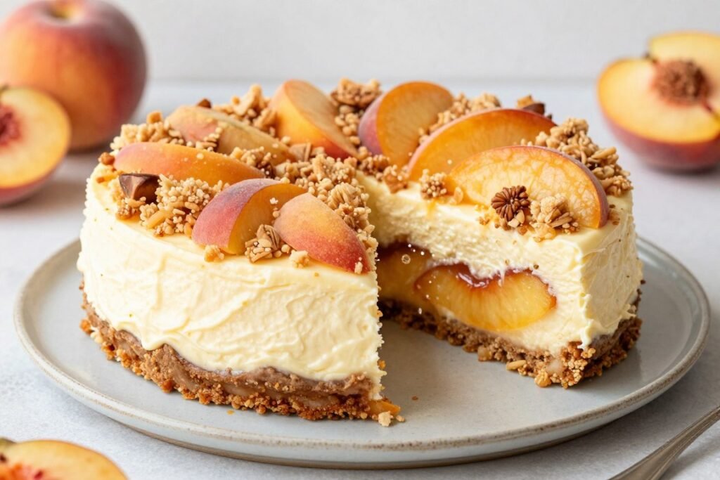 Peach cobbler cheesecake with streusel topping