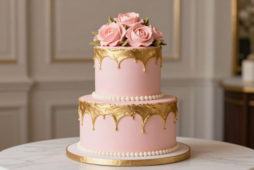Pink and gold two tier birthday cake with flowers Pink and gold two tier birthday cake with flowers
