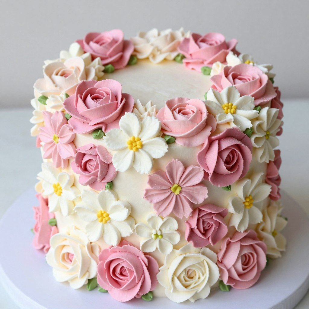 Pink buttercream flower garden cake with multiple flower varieties Pink buttercream flower garden cake with multiple flower varieties