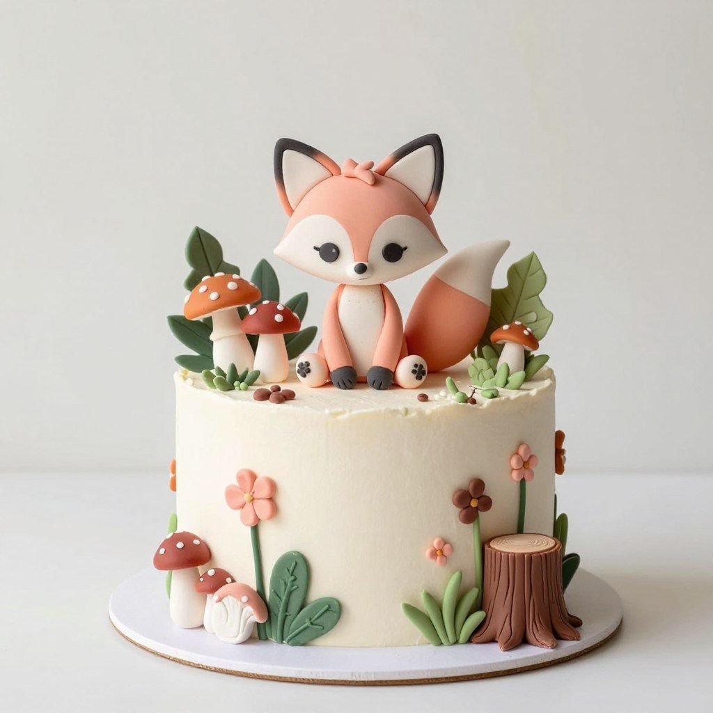 Pink fox cake with cute woodland theme decorations Pink fox cake with cute woodland theme decorations