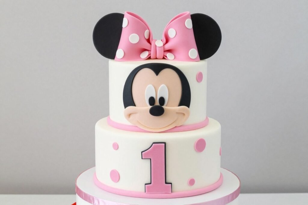 Pink mouse 1st birthday cake with polka dot bow Pink mouse 1st birthday cake with polka dot bow