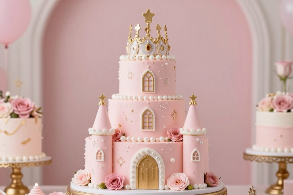 Pink princess castle birthday cake with gold crown topper for first birthday Pink princess castle birthday cake with gold crown topper for first birthday