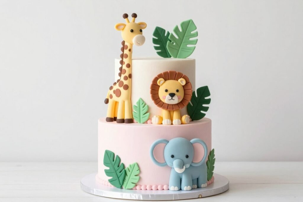Pink safari cake with cute jungle animals for baby girl Pink safari cake with cute jungle animals for baby girl