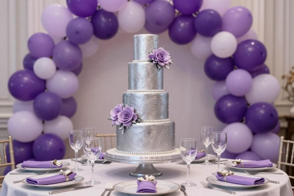 Purple and silver cake coordinated with party theme Purple and silver cake coordinated with party theme