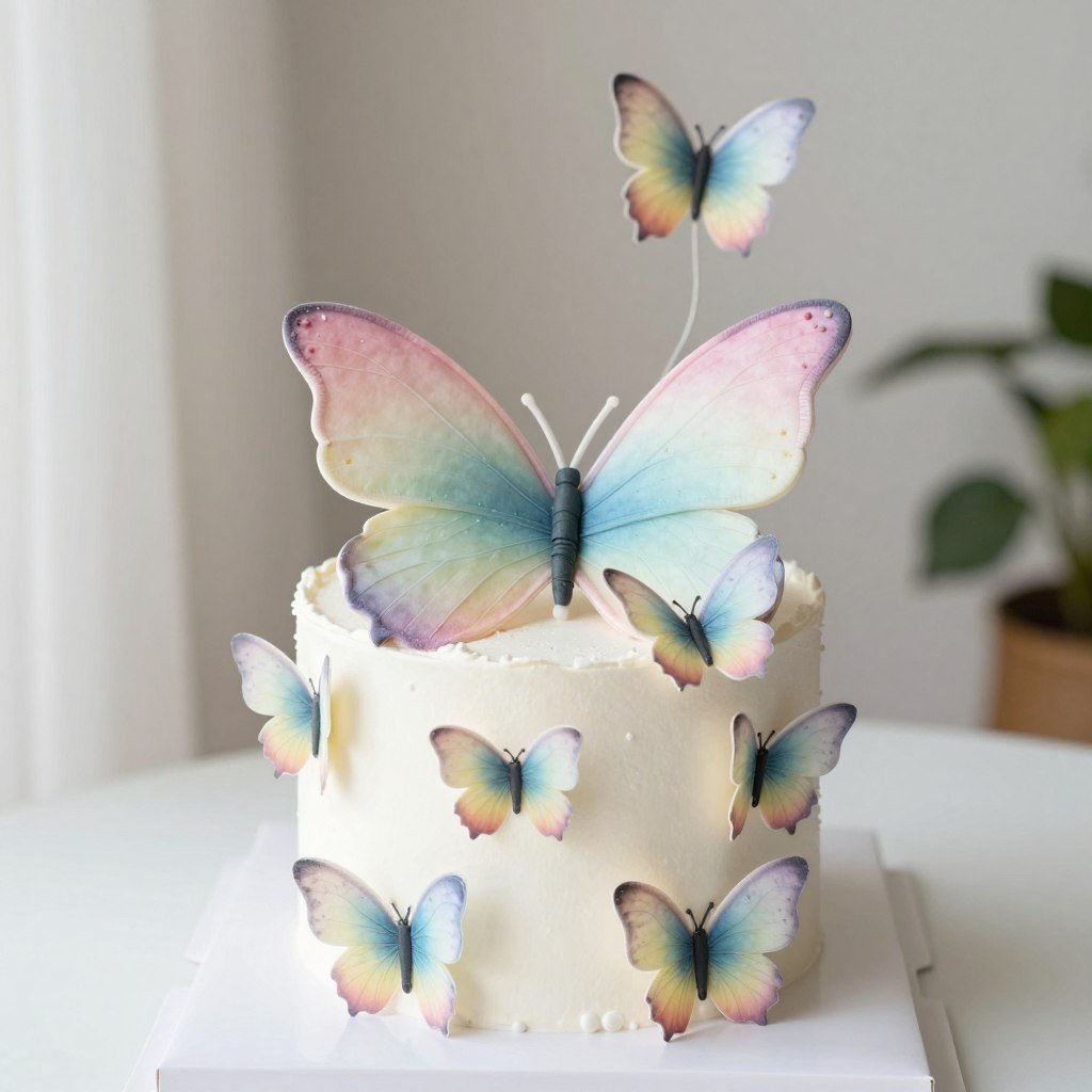 Rainbow butterfly cake with colorful wing decorations Rainbow butterfly cake with colorful wing decorations