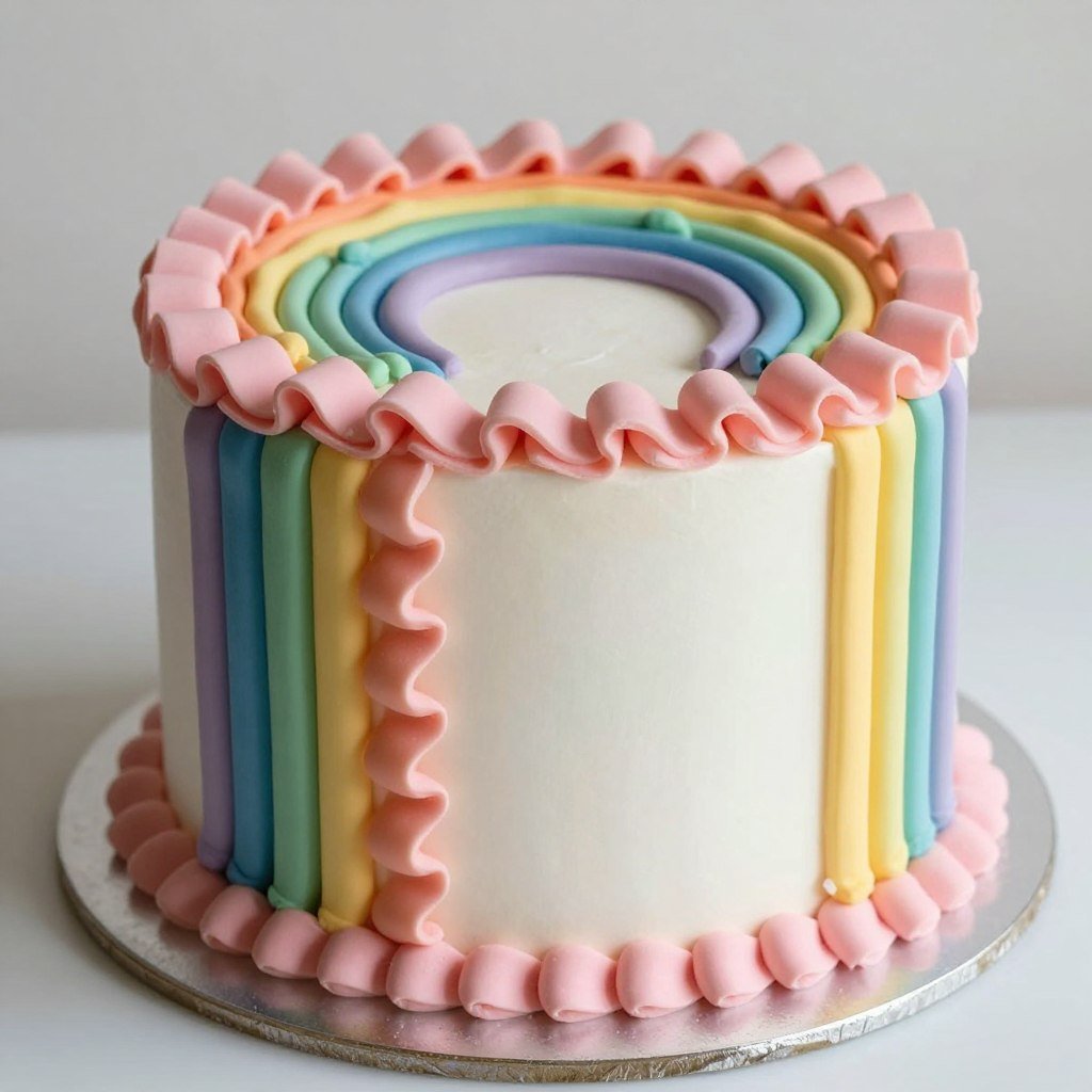 Rainbow ruffle cake with ombre effect for first birthday Rainbow ruffle cake with ombre effect for first birthday