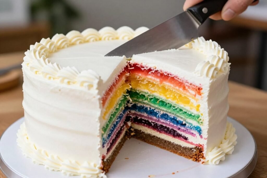 Rainbow surprise inside cake with white exterior and colorful layers Rainbow surprise inside cake with white exterior and colorful layers