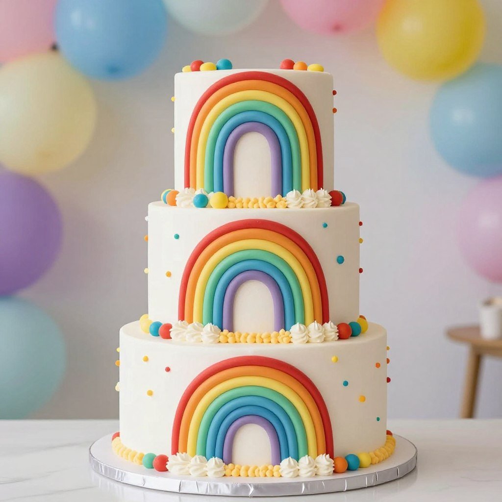 Rainbow three tier cake with colorful decorations Rainbow three tier cake with colorful decorations