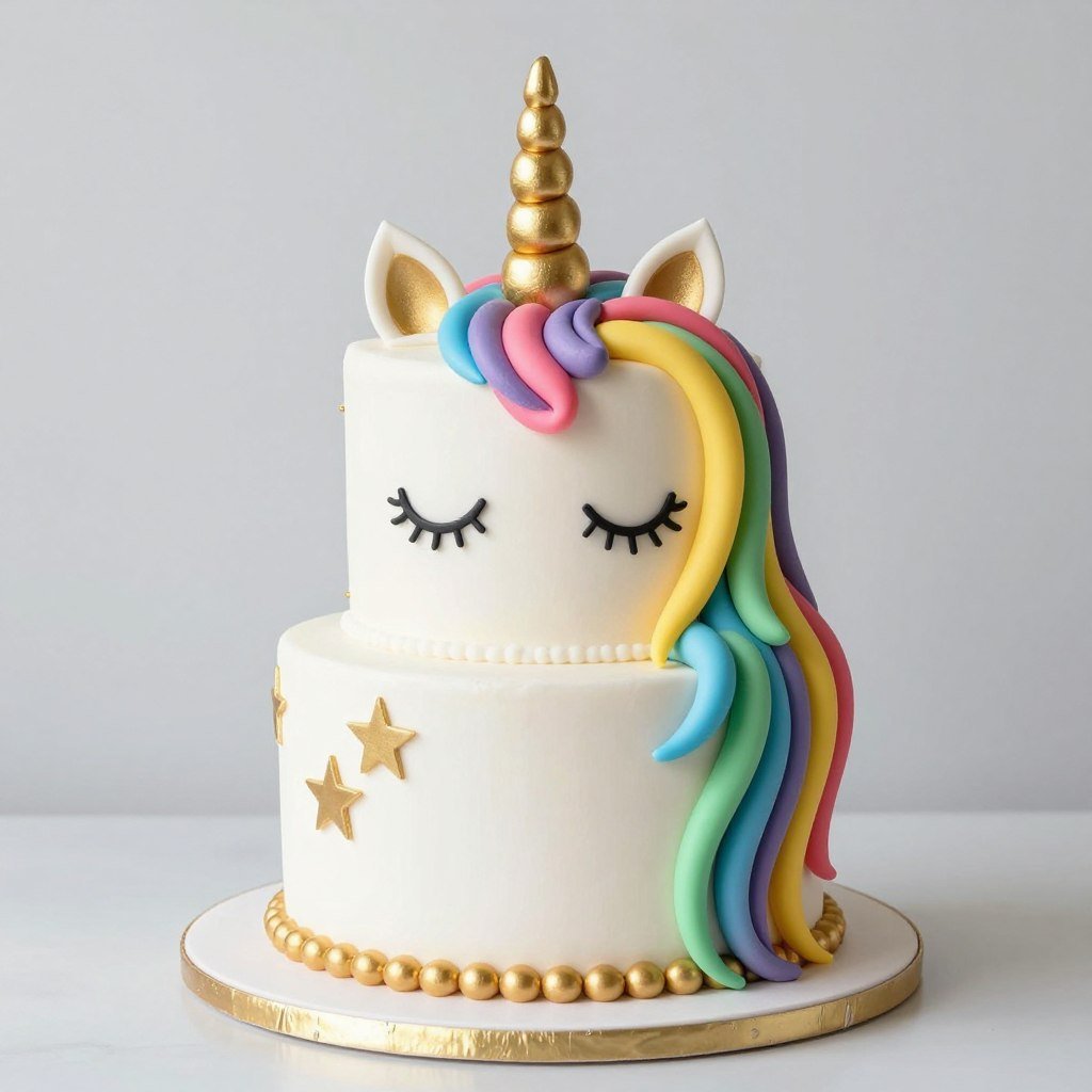 Rainbow unicorn cake with gold horn and colorful mane Rainbow unicorn cake with gold horn and colorful mane