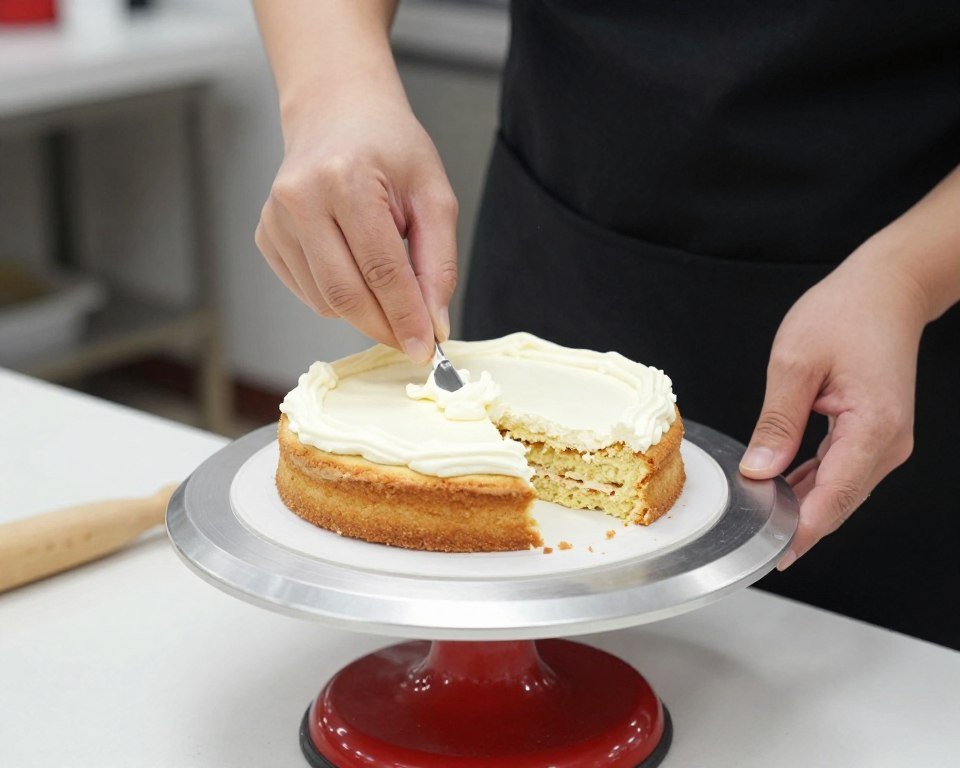 Repairing broken cake layer with frosting