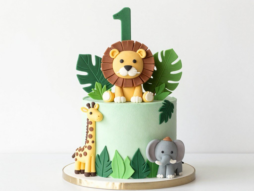 Safari themed first birthday cake with lion and jungle animals Safari themed first birthday cake with lion and jungle animals