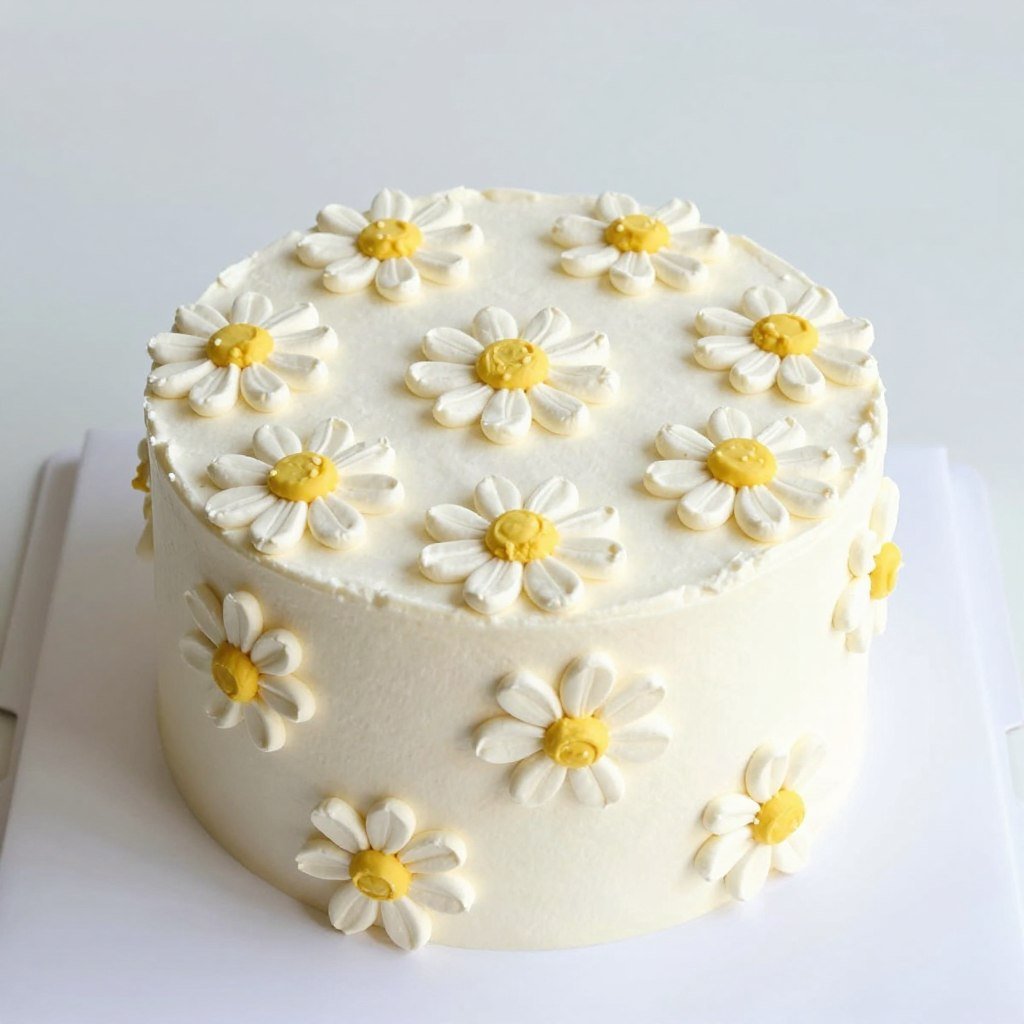 Simple daisy cake with white flowers and yellow centers Simple daisy cake with white flowers and yellow centers