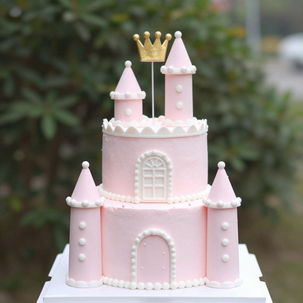 Simple princess castle cake with pink buttercream and crown decoration Simple princess castle cake with pink buttercream and crown decoration