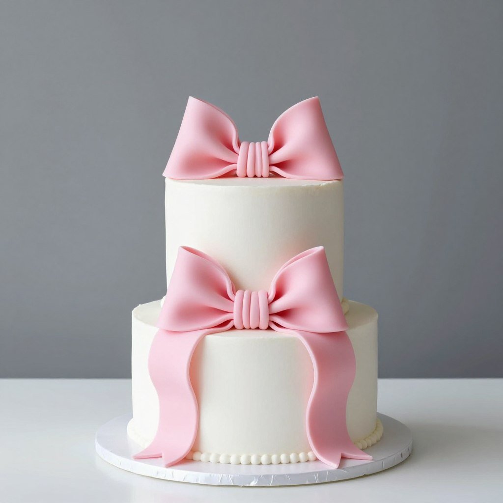 Simple white cake with oversized pink bow topper Simple white cake with oversized pink bow topper
