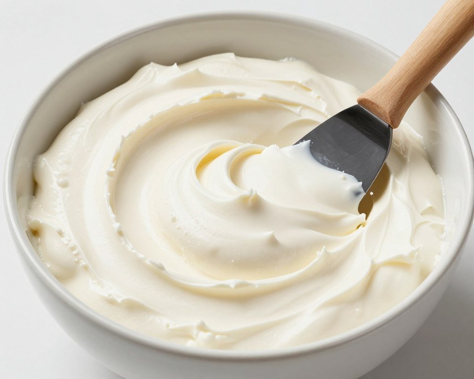 Smooth cream cheese frosting in bowl