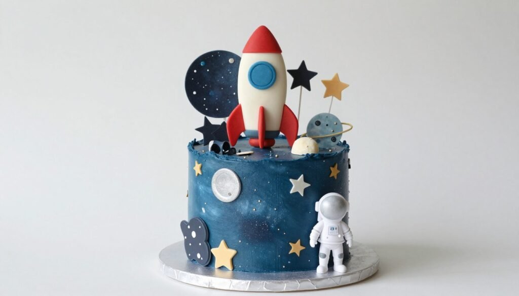Space themed first birthday cake with rockets and planets Space themed first birthday cake with rockets and planets