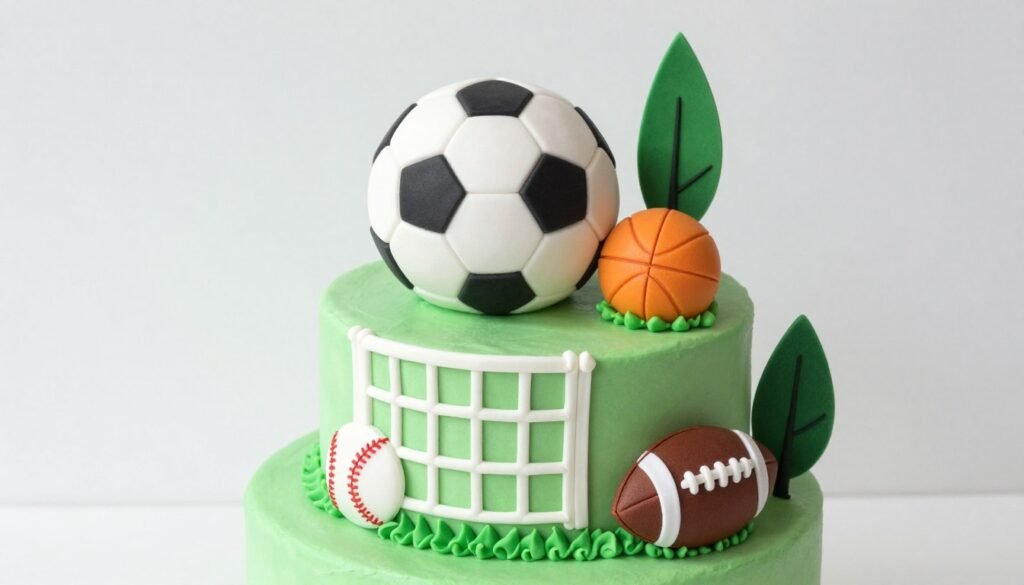 Sports themed first birthday cake with various balls Sports themed first birthday cake with various balls