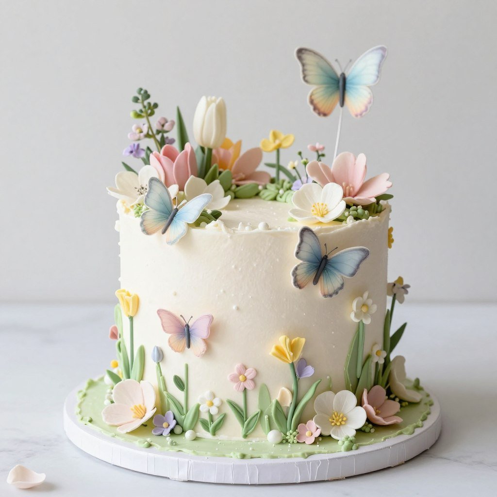 Spring garden cake with butterflies and flowers Spring garden cake with butterflies and flowers