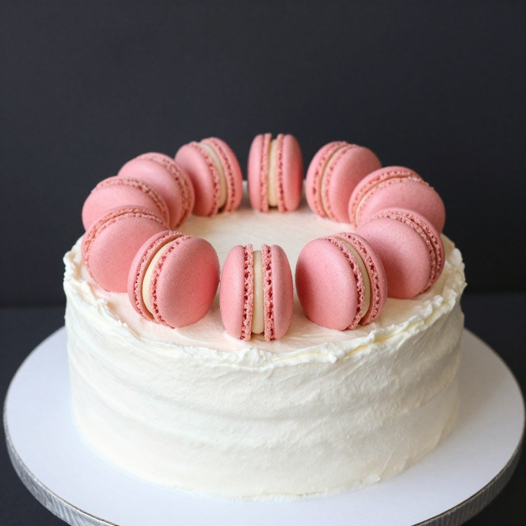 Store cake decorated with pink macarons Store cake decorated with pink macarons