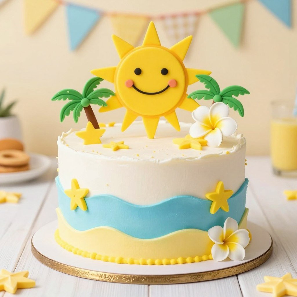 Summer sunshine cake with tropical decorations Summer sunshine cake with tropical decorations