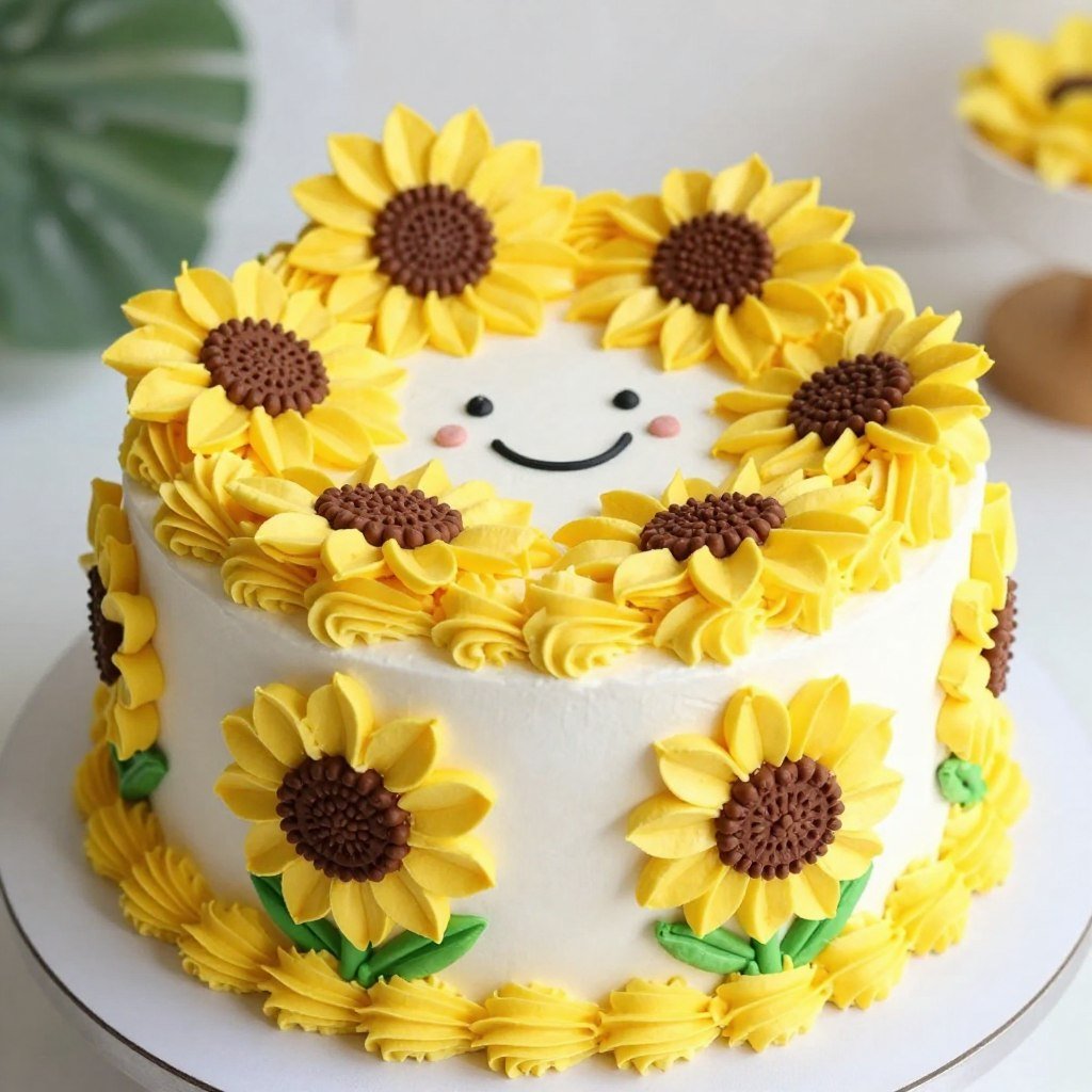 Sunflower cake with bright yellow flower decorations Sunflower cake with bright yellow flower decorations