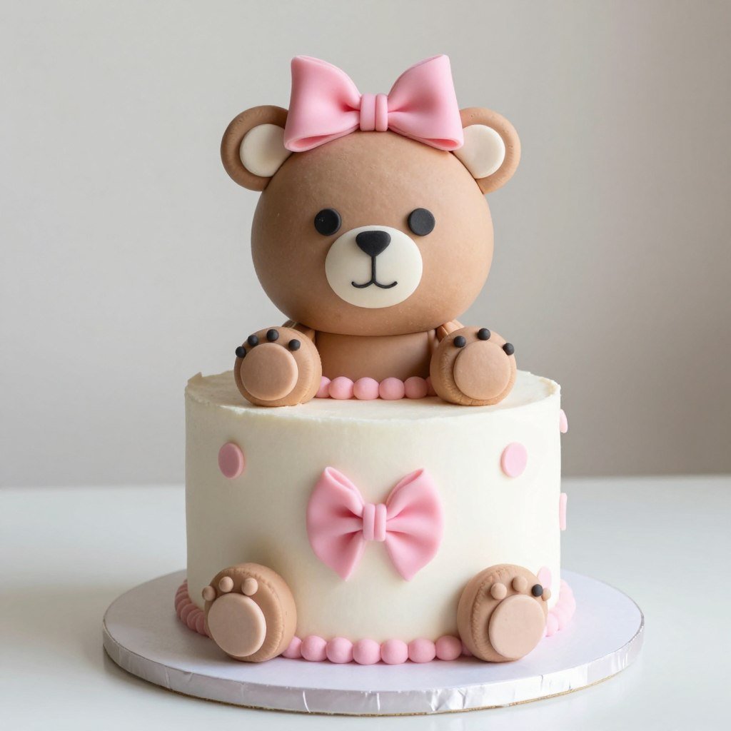 Teddy bear cake with pink bow and soft colors Teddy bear cake with pink bow and soft colors