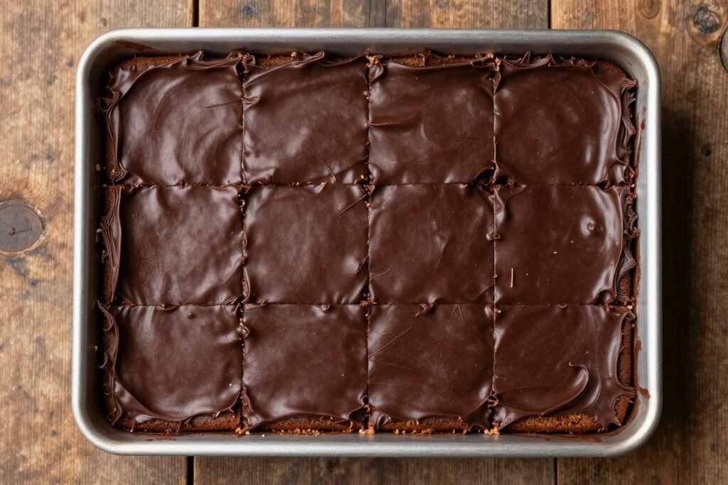 Texas sheet cake with glossy chocolate frosting for dad's birthday