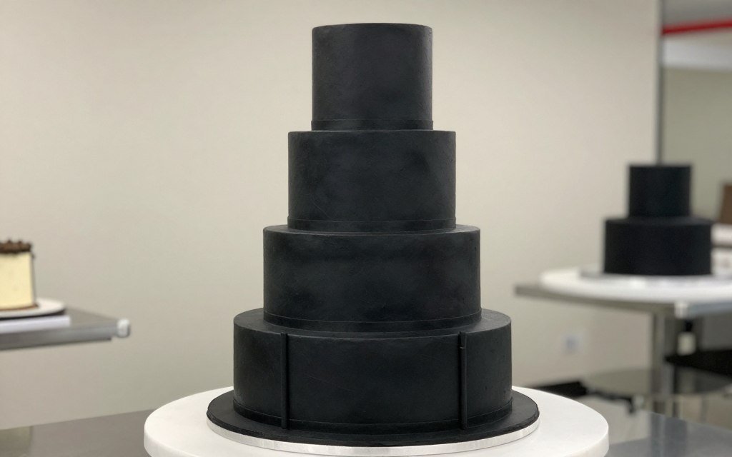 Three-tier black birthday cake showing structural elements and proportions Three-tier black birthday cake showing structural elements and proportions