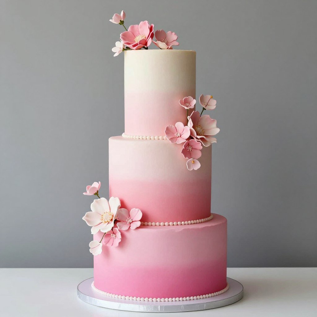 Three tier pink ombre cake with flowers Three tier pink ombre cake with flowers