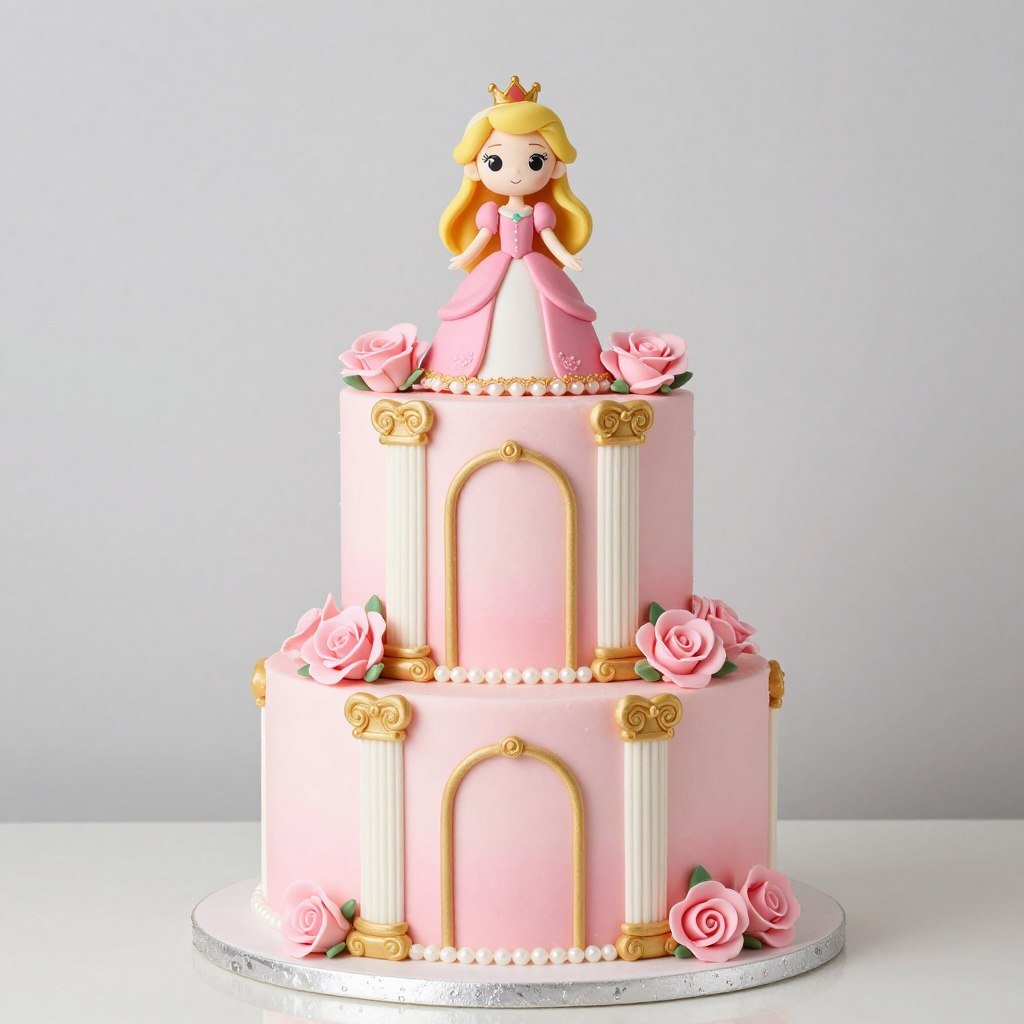 Three-tier pink palace cake with golden details for princess party Three-tier pink palace cake with golden details for princess party