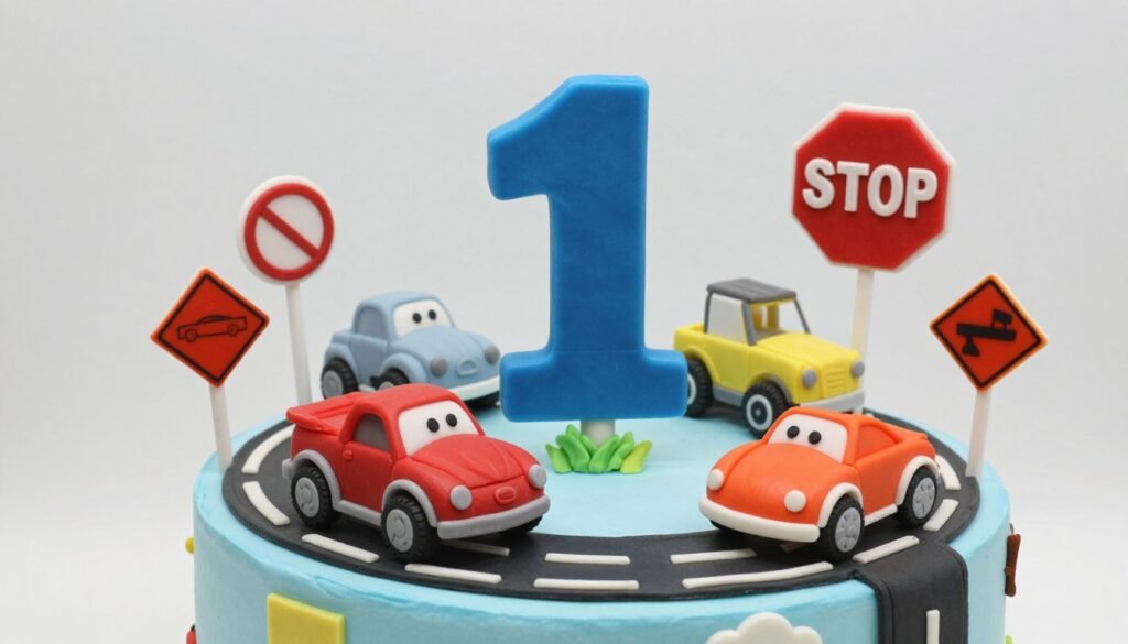 Transportation themed first birthday cake with cars and trucks Transportation themed first birthday cake with cars and trucks