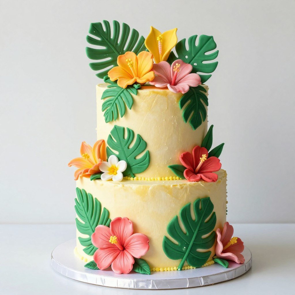 Tropical floral cake with hibiscus and palm leaves Tropical floral cake with hibiscus and palm leaves