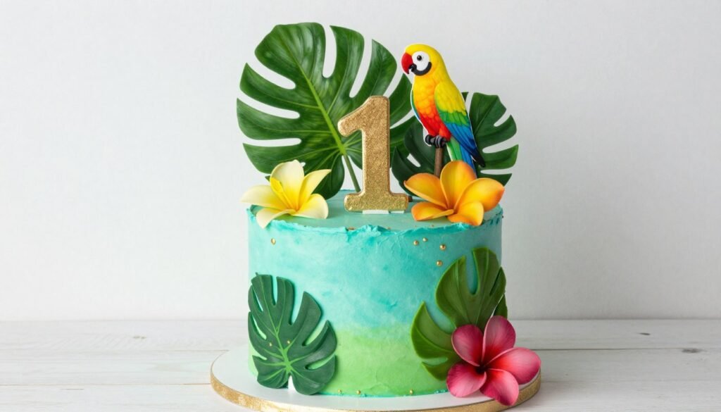 Tropical jungle themed birthday cake with palm leaves Tropical jungle themed birthday cake with palm leaves