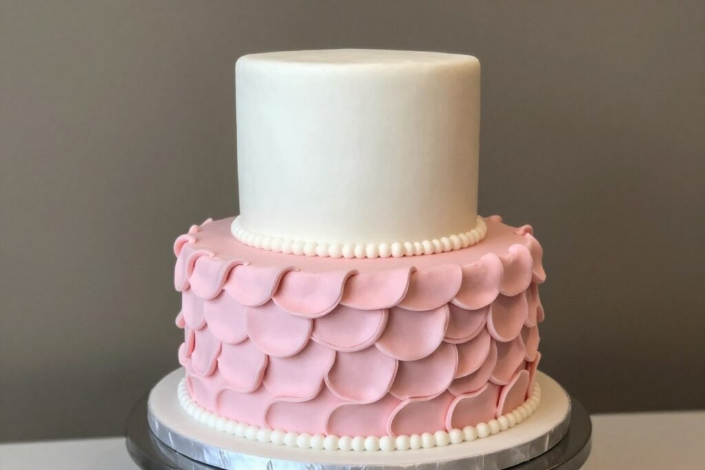 Two tier cake with ruffles and smooth fondant combination Two tier cake with ruffles and smooth fondant combination