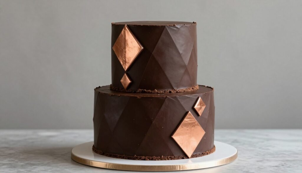 Two-tier minimalist chocolate birthday cake for men with geometric design