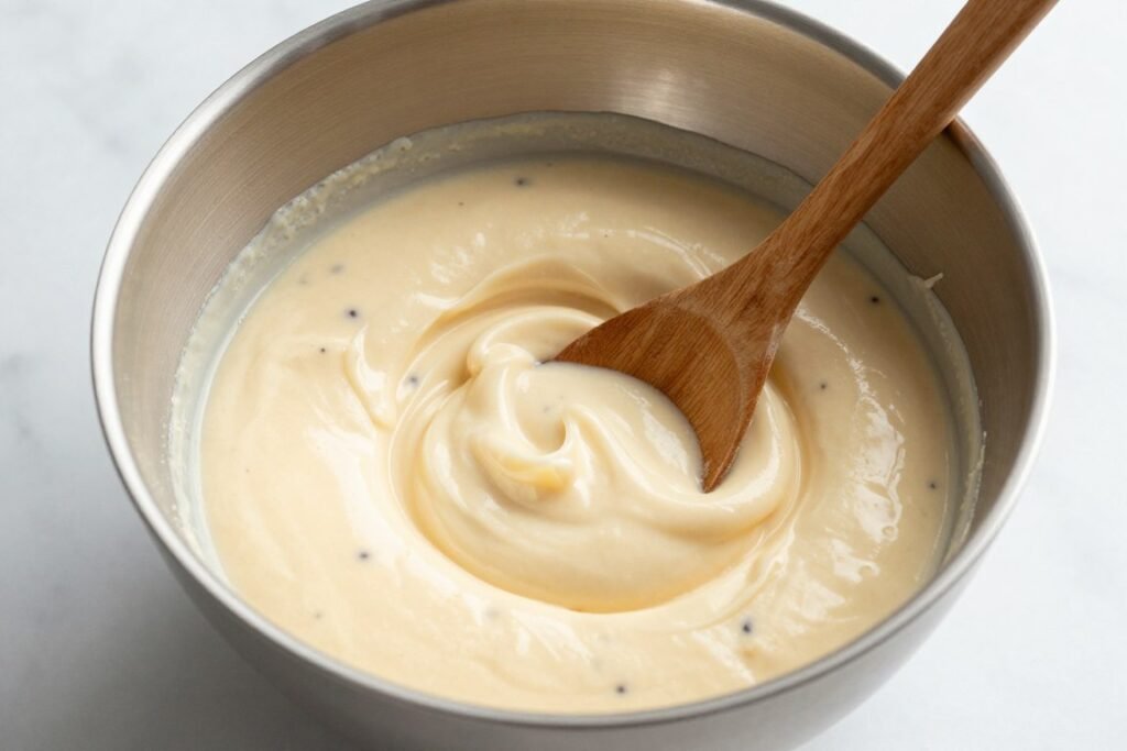 Vanilla bean cake batter in mixing bowl
