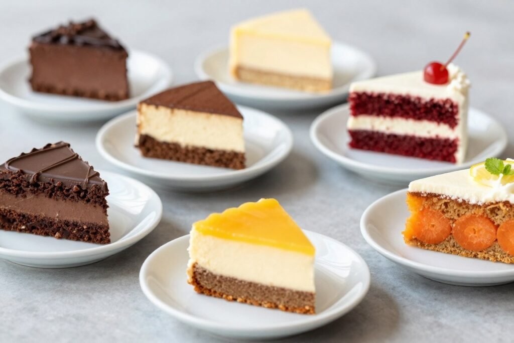 Variety of cake flavors displayed together