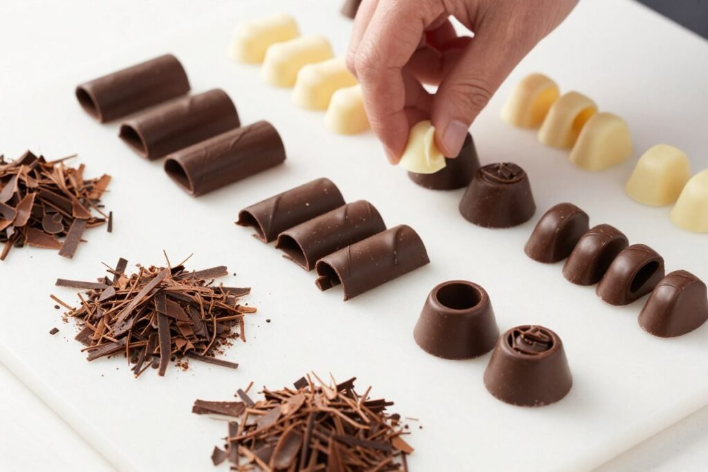 Various chocolate decorations for cake garnish