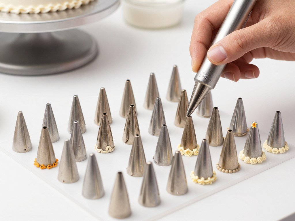 Various piping tips creating different frosting designs